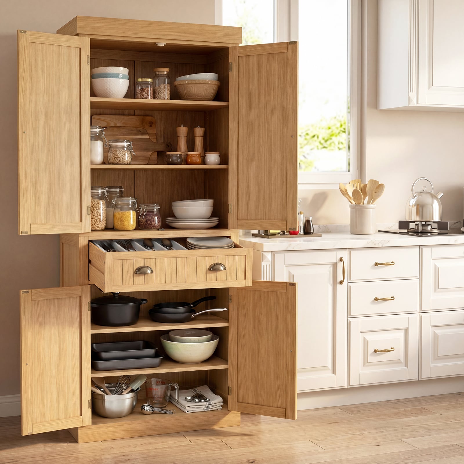 4-Door Tall Kitchen Cupboard Adjustable Shelves and Drawer-Natural