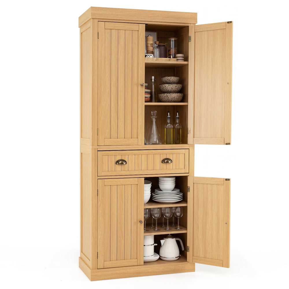 4-Door Tall Kitchen Cupboard Adjustable Shelves and Drawer-Natural