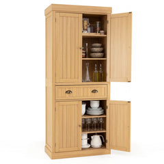 4-Door Tall Kitchen Cupboard Adjustable Shelves and Drawer-Natural