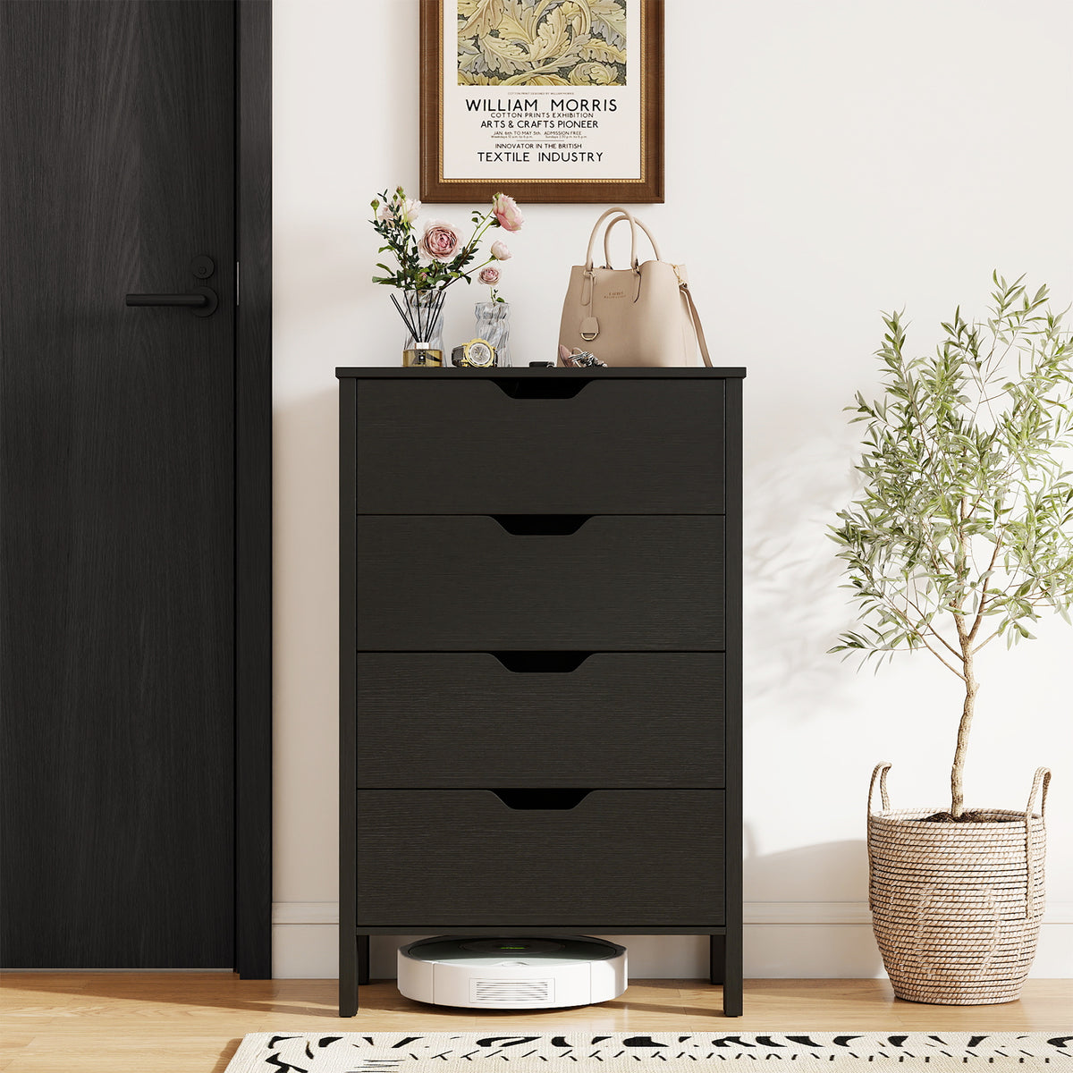 4-Drawer Wooden Tall Utility Storage Dresser with Anti-Toppling Kits for Bedroom-Black