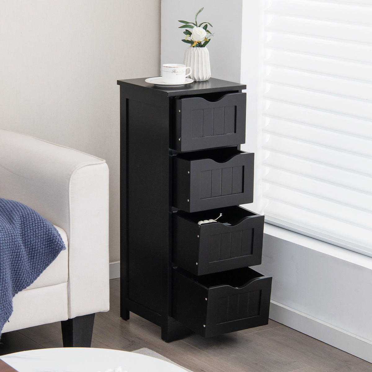 4 Drawers Bathroom Floor Cabinet with Curved Handle-Black
