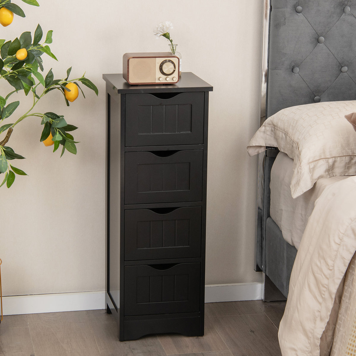 4 Drawers Bathroom Floor Cabinet with Curved Handle-Black
