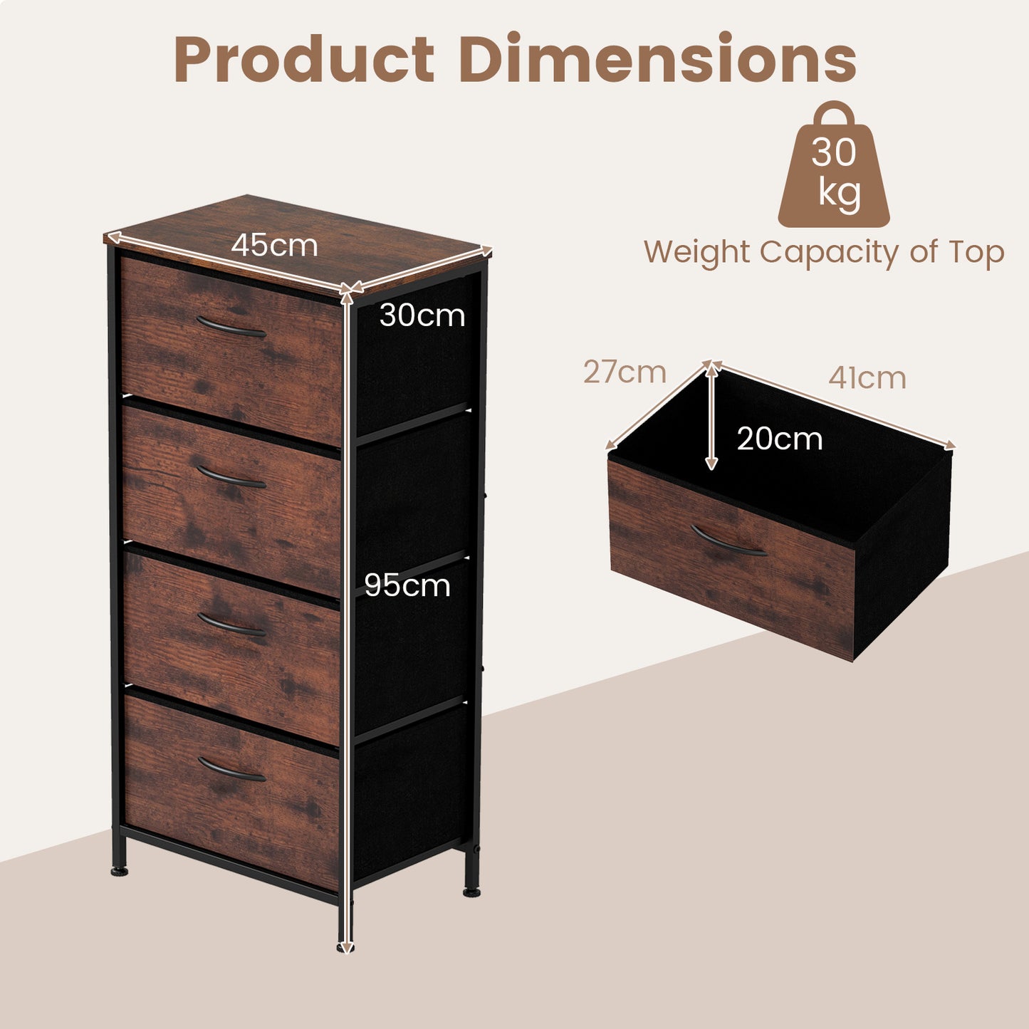 4 Drawers Dresser Fabric Storage Tower with Wooden Top for Entryway Living Room and Closet-Brown
