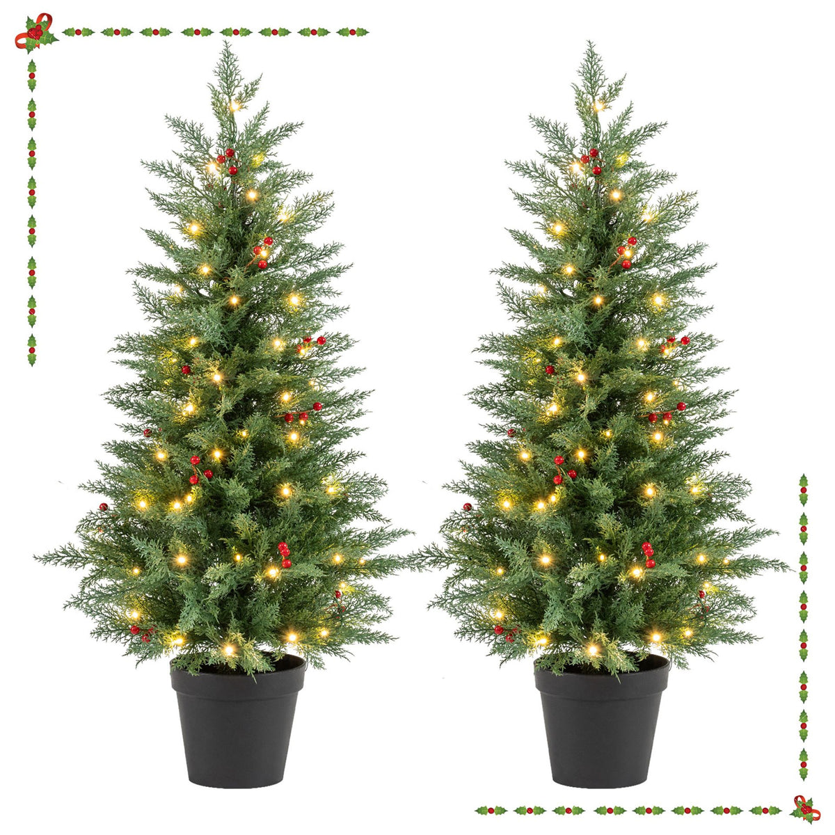 4 FT Pre-lit Christmas Trees Potted Entrance Xmas Trees with 70 Warm White LED Lights