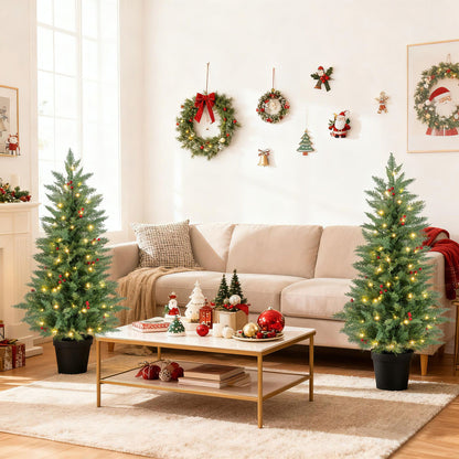 4 FT Pre-lit Christmas Trees Potted Entrance Xmas Trees with 70 Warm White LED Lights