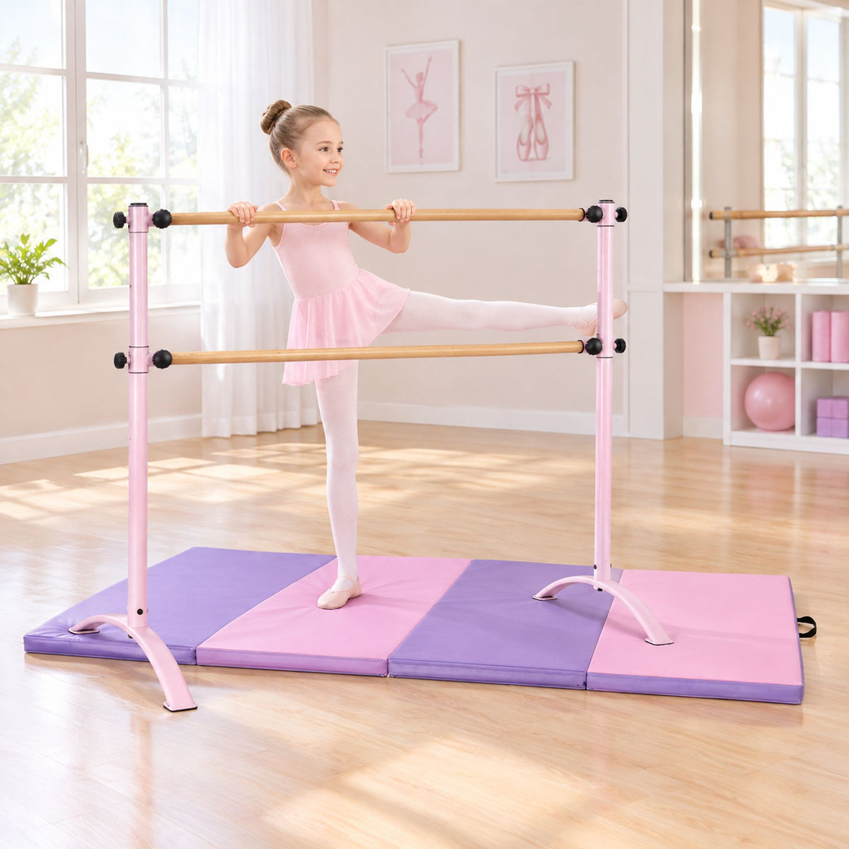 4 Feet Freestanding Ballet Barre and Folding Gymnastics Mat for Sports