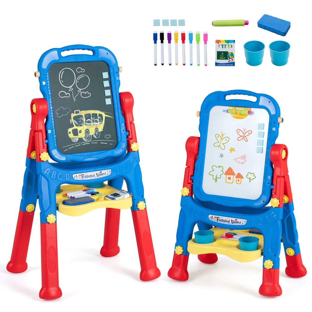 4-In-1 Double Side Easel for Toddler with Magnetic Chalkboard-Blue