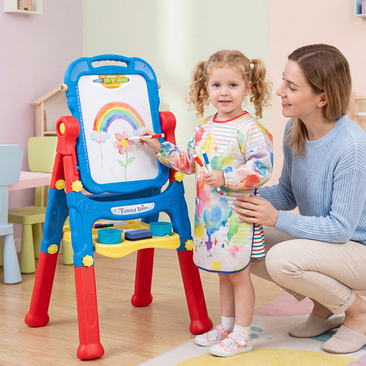 4-In-1 Double Side Easel for Toddler with Magnetic Chalkboard-Blue
