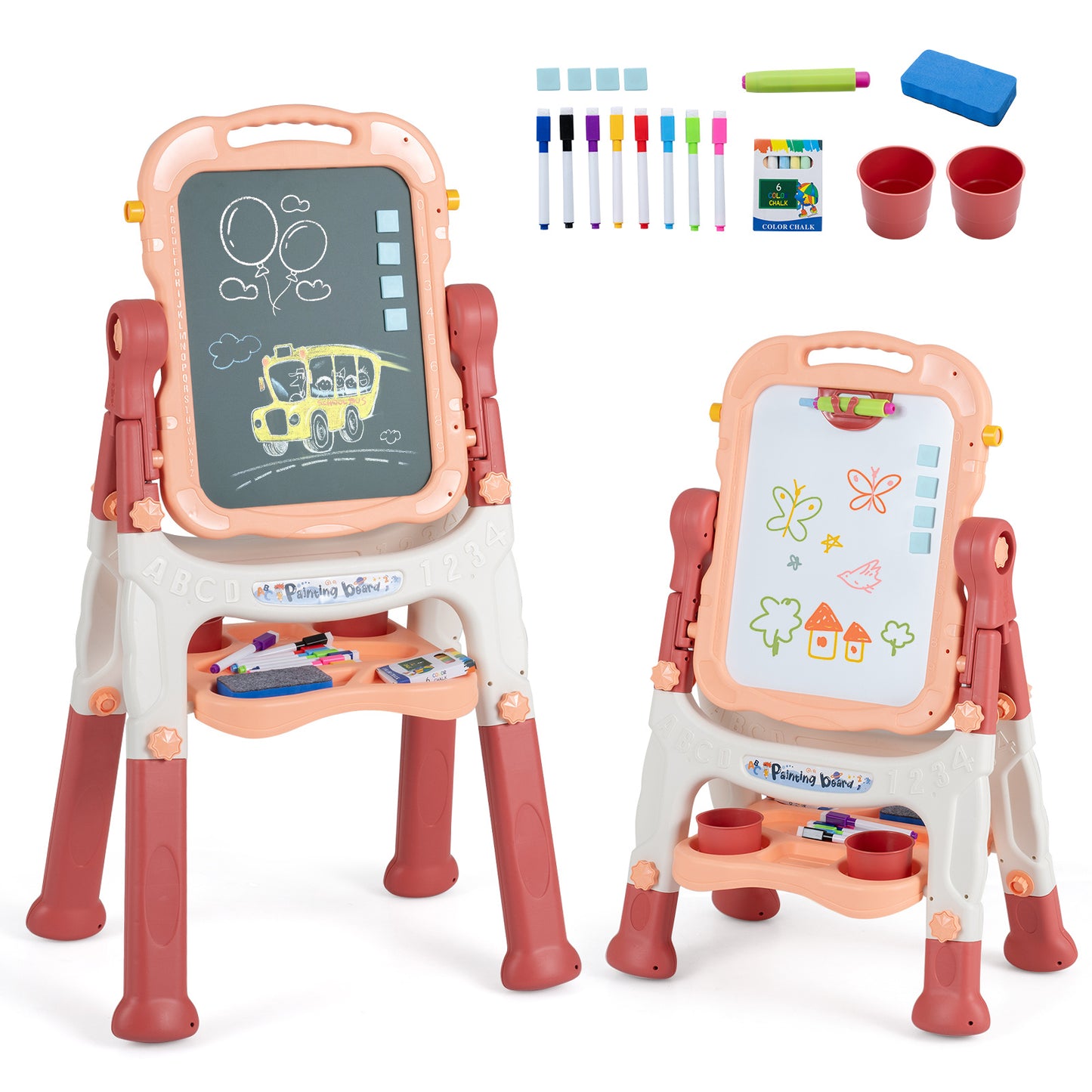 4-In-1 Double Side Easel for Toddler with Magnetic Chalkboard-Peach