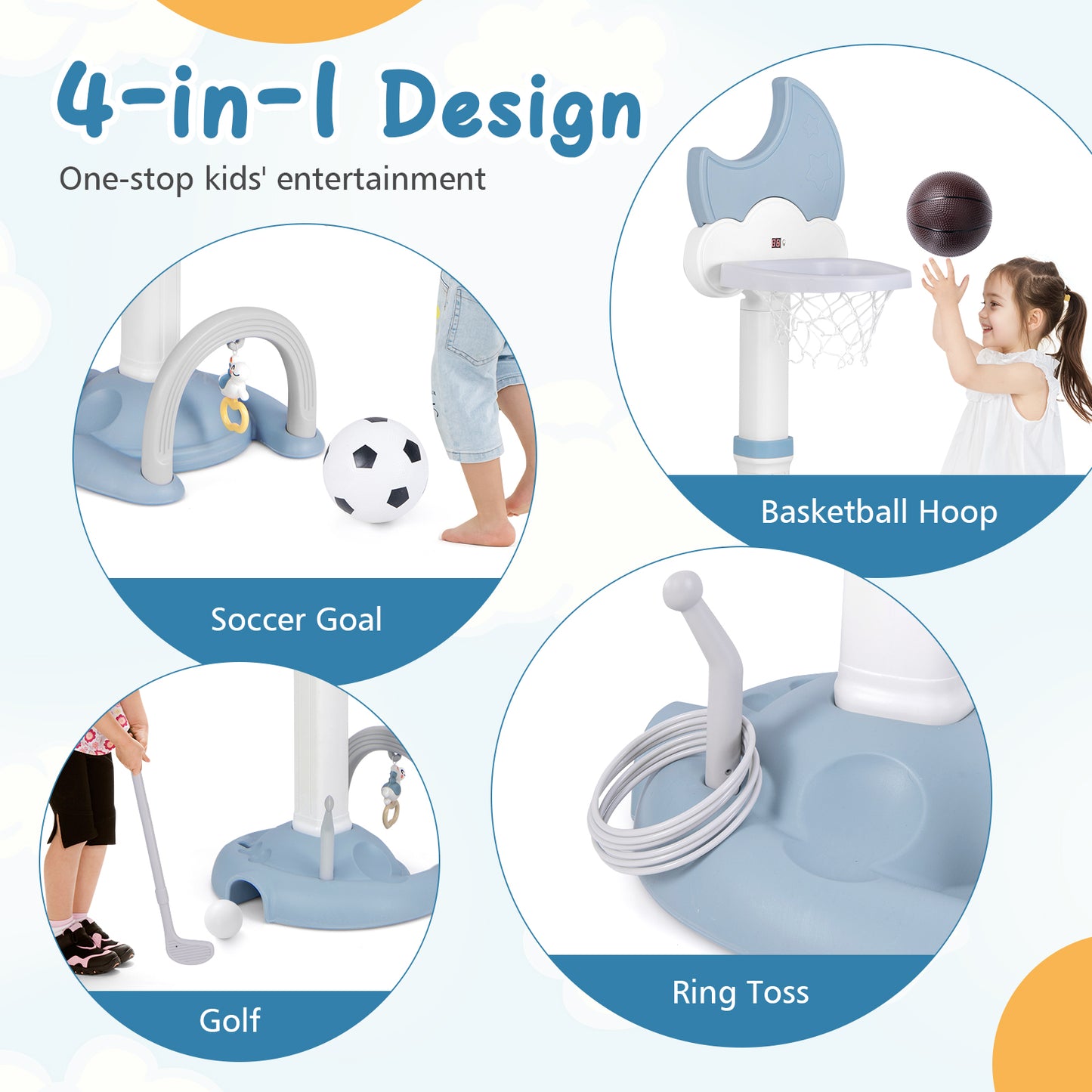 4-In-1 Kids Basketball Hoop with Adjustable Height for Kids-Blue