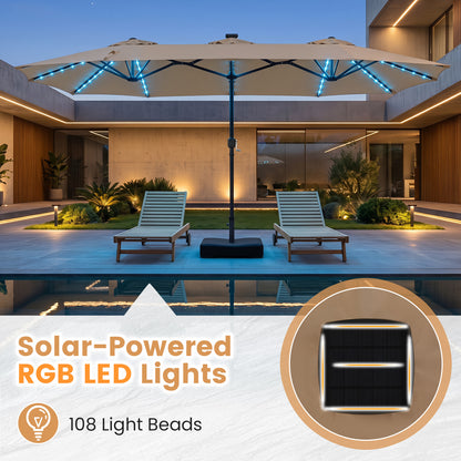 4 M Double-Sided Patio Umbrella Base Included with 108 Multi-Color LED Lights and 3 Air Vents-Coffee