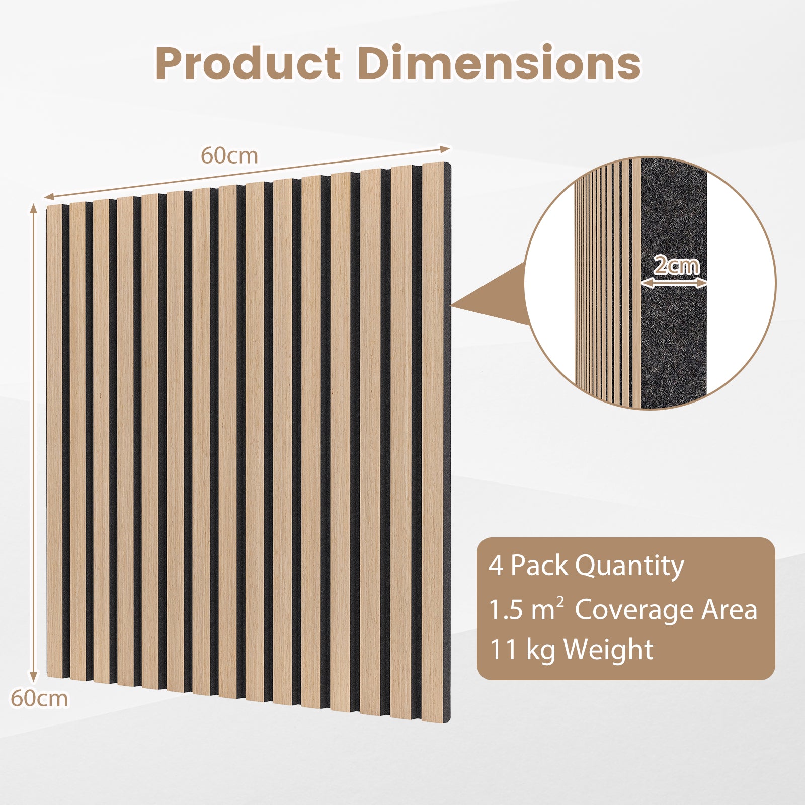 4 Pack Acoustic Panels for Walls 60 x 60 cm Sound Absorbing Panel with 15 Wooden Slats-Natural
