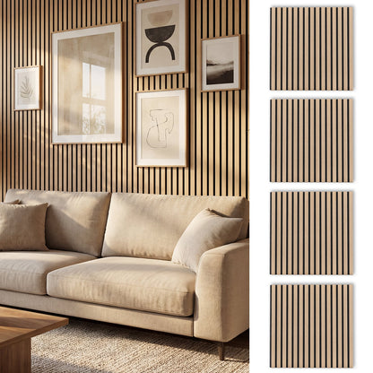 4 Pack Acoustic Panels for Walls 60 x 60 cm Sound Absorbing Panel with 15 Wooden Slats-Natural