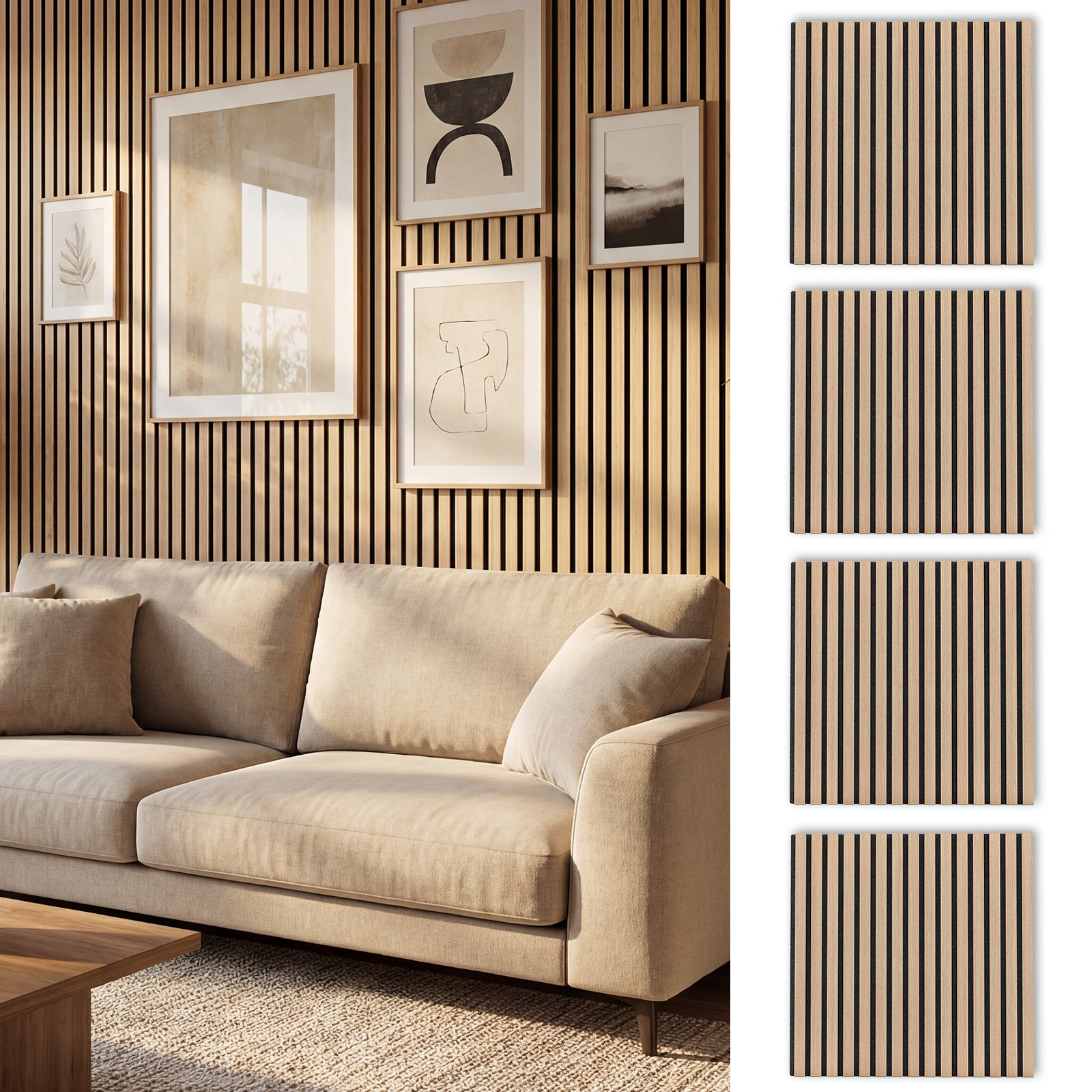 4 Pack Acoustic Panels for Walls 60 x 60 cm Sound Absorbing Panel with 15 Wooden Slats-Natural
