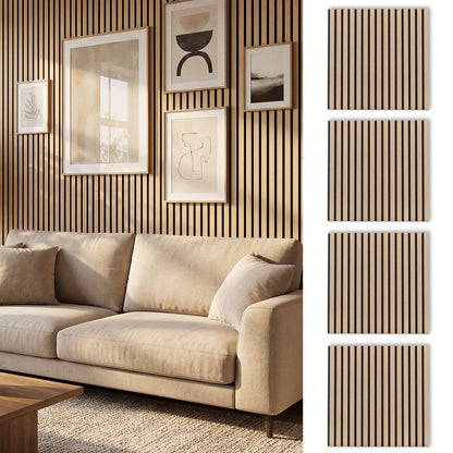 4 Pack Acoustic Panels for Walls 60 x 60 cm Sound Absorbing Panel with 15 Wooden Slats-Natural