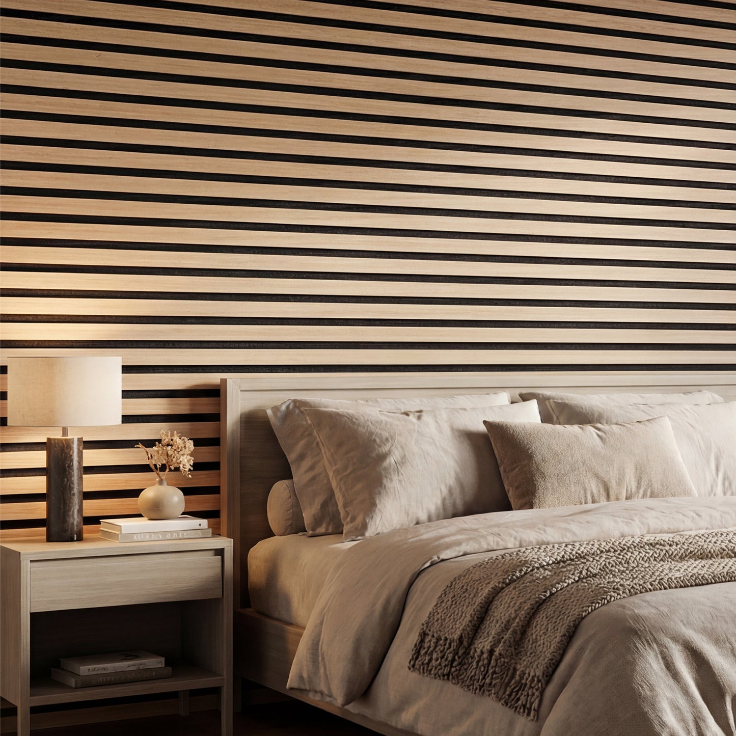 4 Pack Acoustic Panels for Walls 60 x 60 cm Sound Absorbing Panel with 15 Wooden Slats-Natural