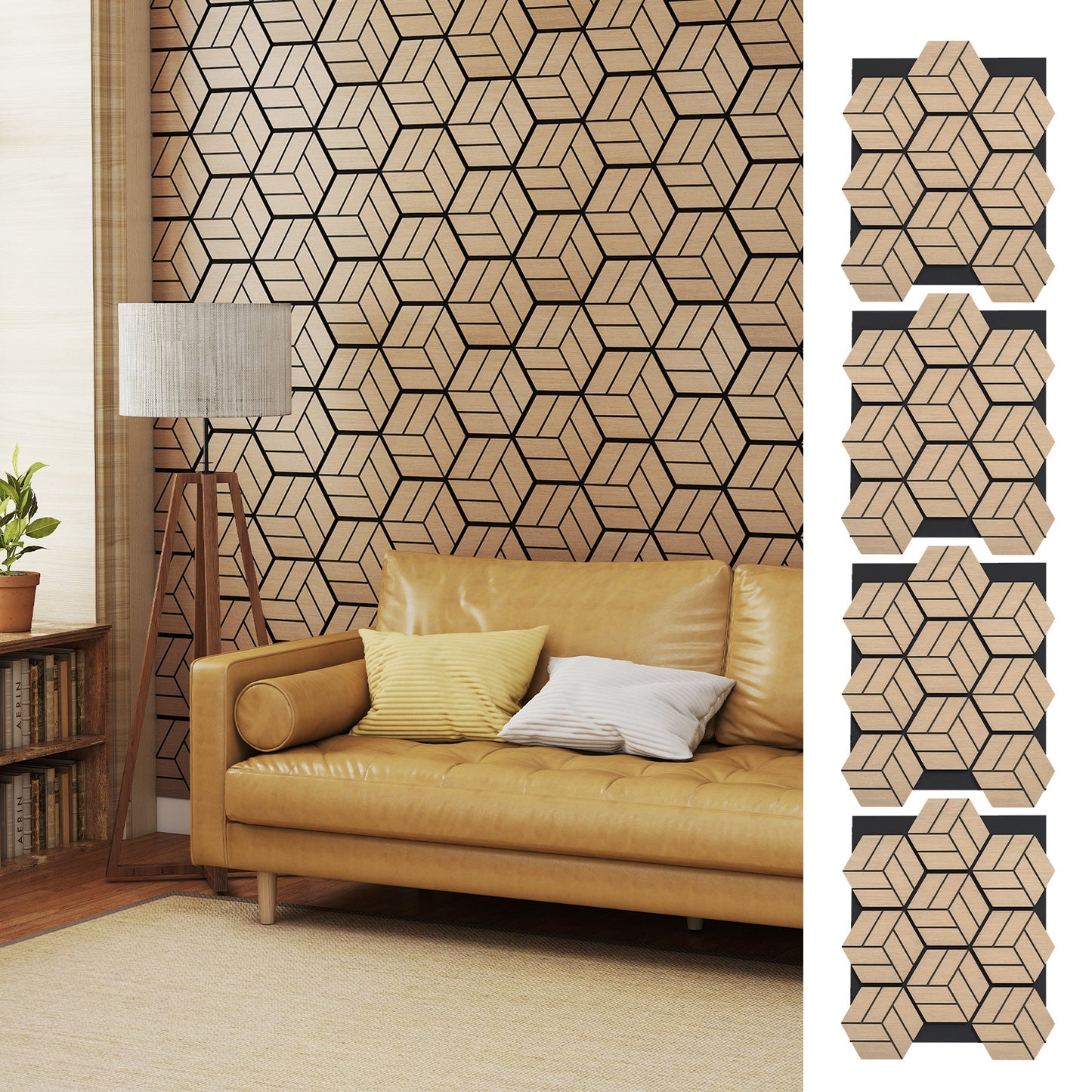 4 Pack Acoustic Panels for Walls Sound Absorbing Panel with 9 Hexagonal Wooden Boards-Natural
