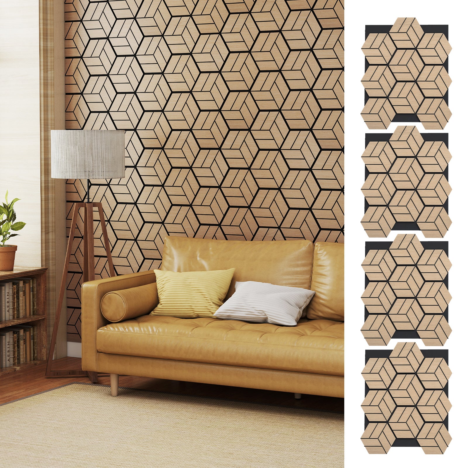 4 Pack Acoustic Panels for Walls Sound Absorbing Panel with 9 Hexagonal Wooden Boards-Natural