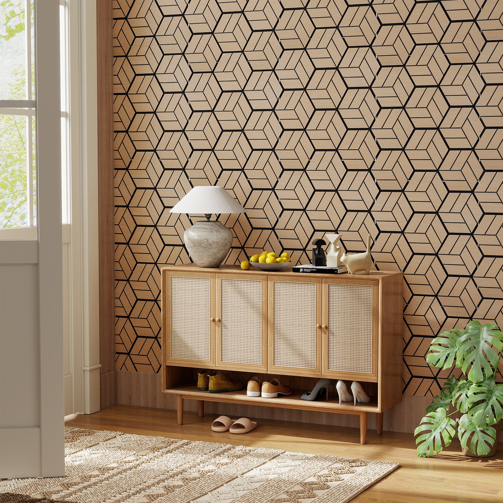 4 Pack Acoustic Panels for Walls Sound Absorbing Panel with 9 Hexagonal Wooden Boards-Natural