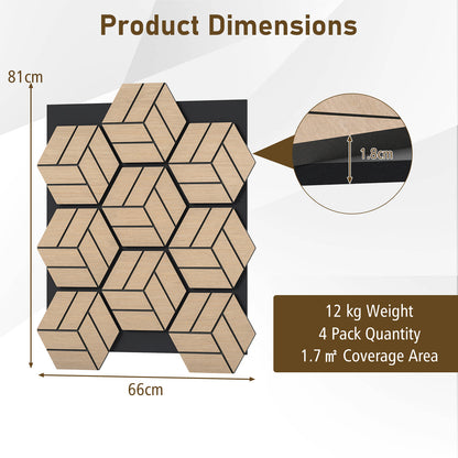 4 Pack Acoustic Panels for Walls Sound Absorbing Panel with 9 Hexagonal Wooden Boards-Natural