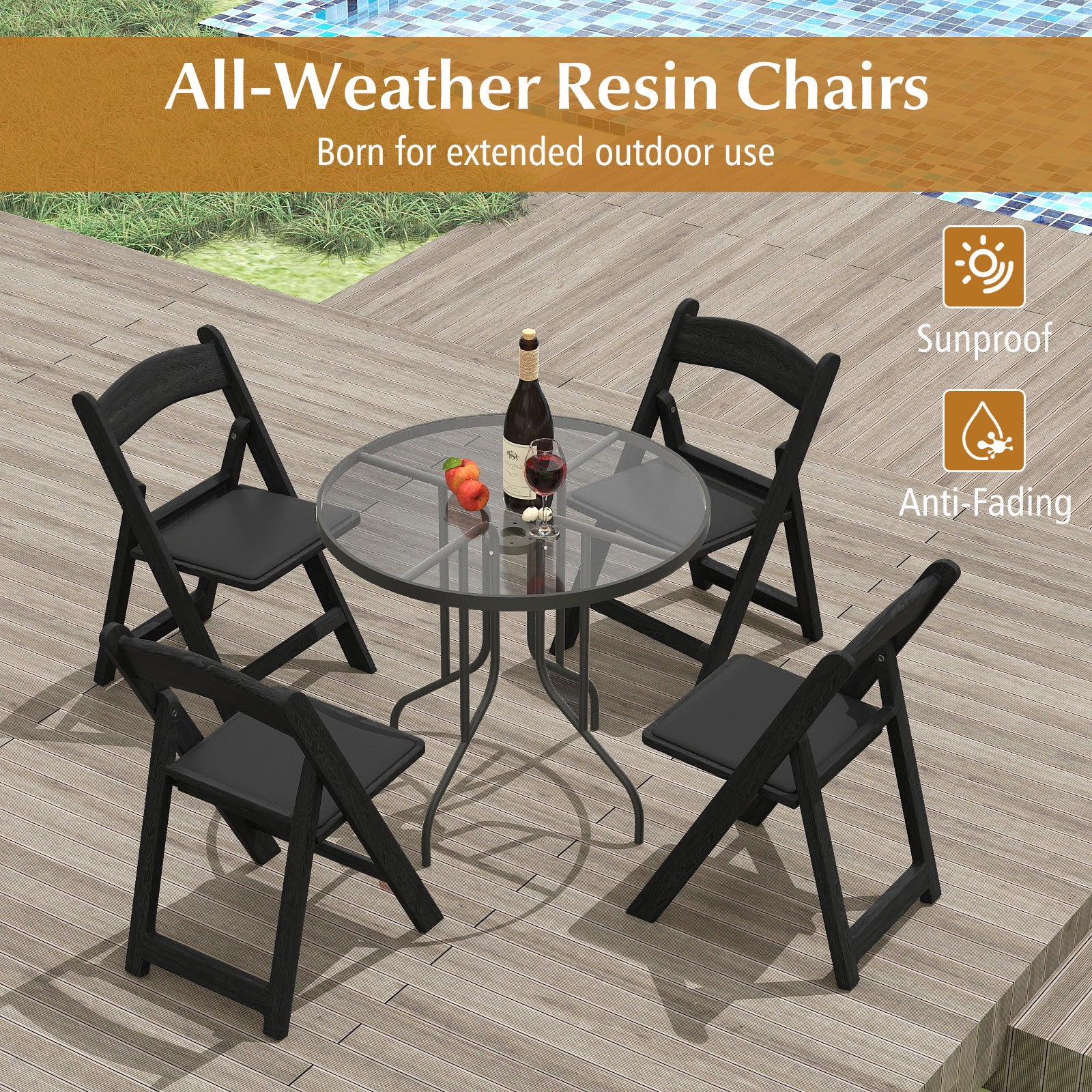 4 Pack Resin Folding Chairs with Padded Seat Cushion-Black