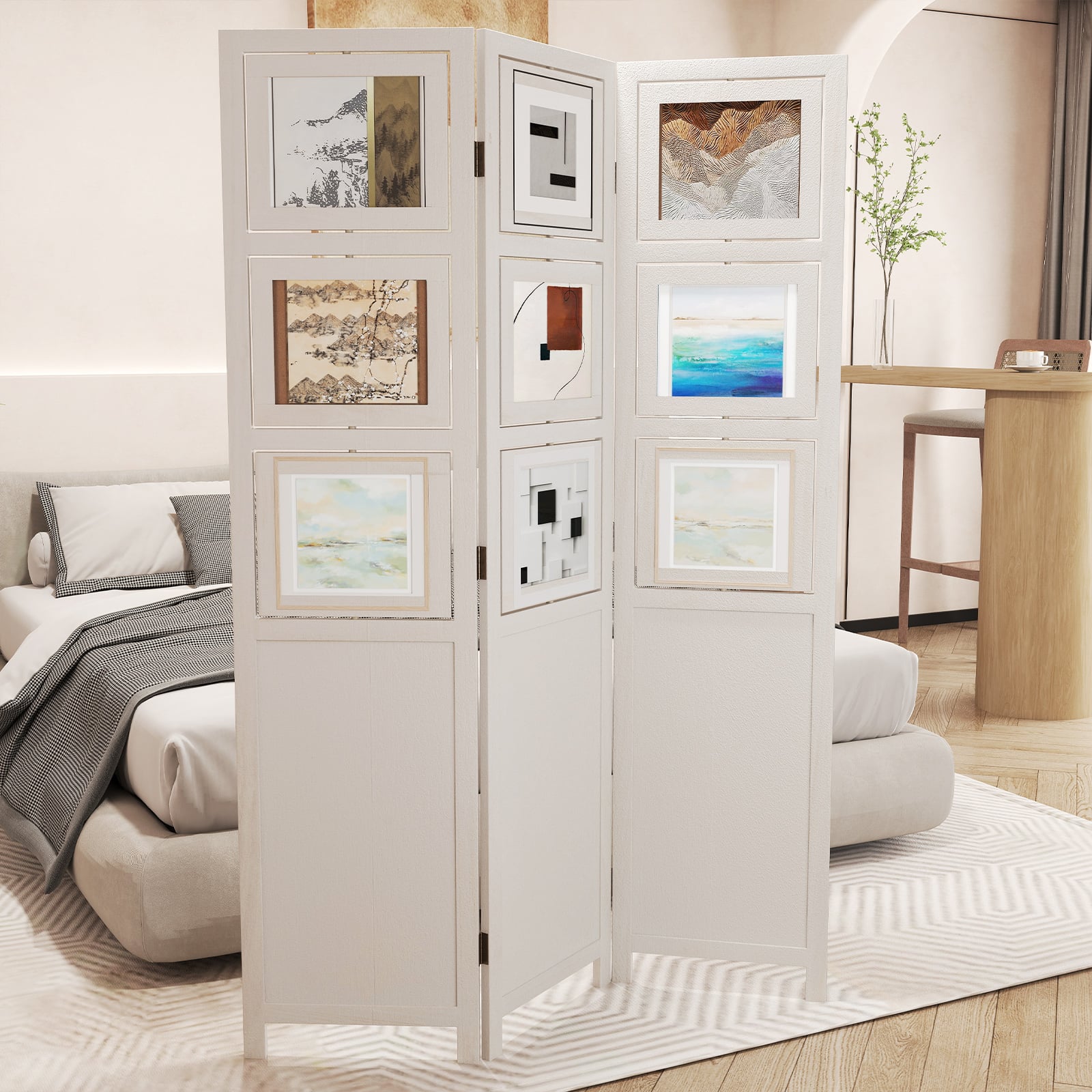 4-Panel Faux Linen Room Divider with Storage Bags Folding Privacy Screen-White