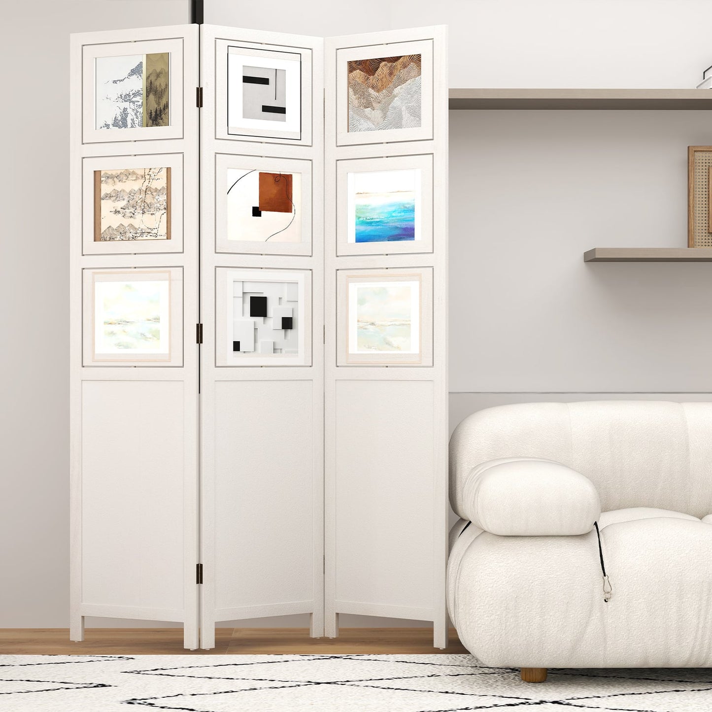 4-Panel Faux Linen Room Divider with Storage Bags Folding Privacy Screen-White