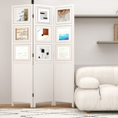 4-Panel Faux Linen Room Divider with Storage Bags Folding Privacy Screen-White