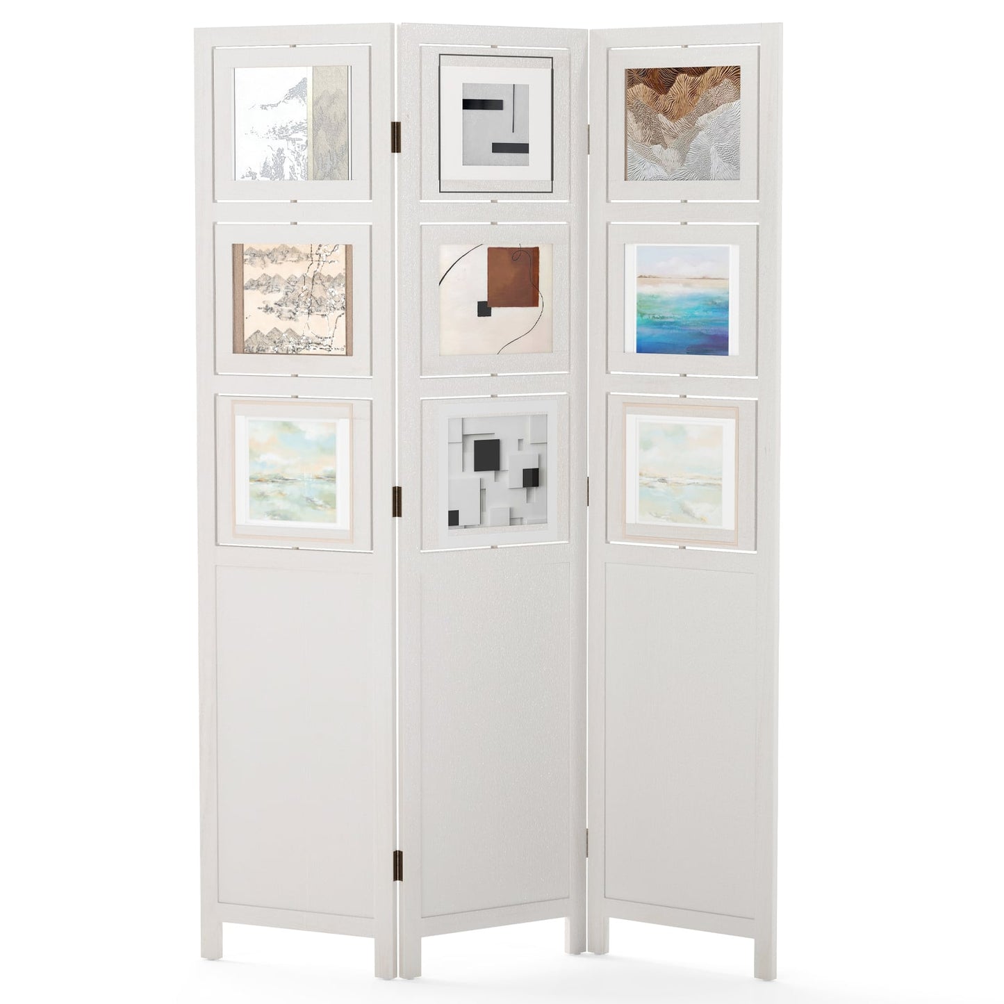 4-Panel Faux Linen Room Divider with Storage Bags Folding Privacy Screen-White