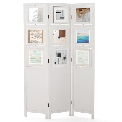 4-Panel Faux Linen Room Divider with Storage Bags Folding Privacy Screen-White