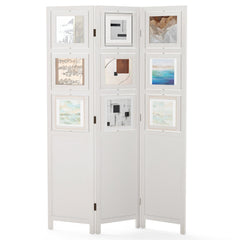 4-Panel Faux Linen Room Divider with Storage Bags Folding Privacy Screen-White