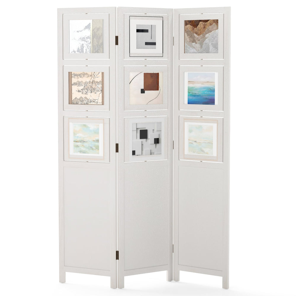 4-Panel Faux Linen Room Divider with Storage Bags Folding Privacy Screen-White