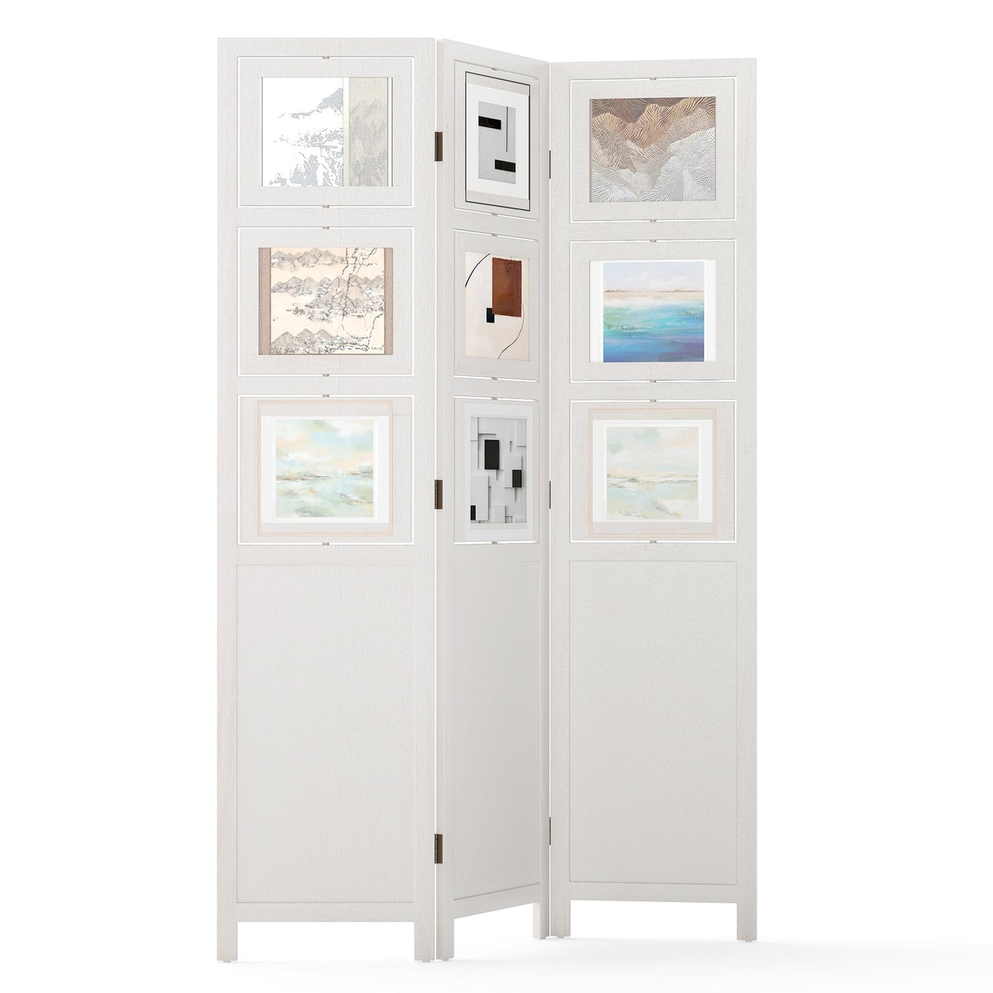4-Panel Faux Linen Room Divider with Storage Bags Folding Privacy Screen-White
