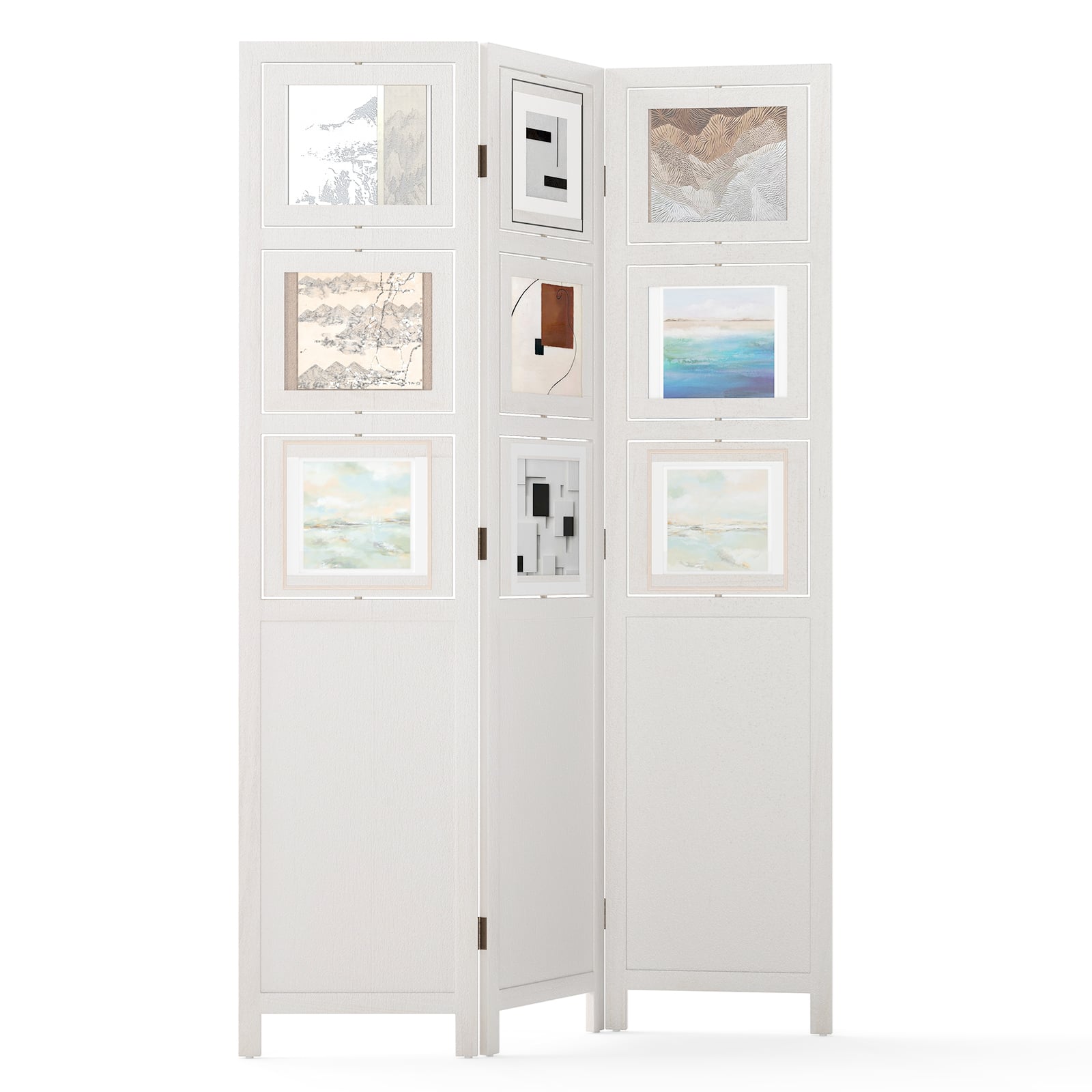 4-Panel Faux Linen Room Divider with Storage Bags Folding Privacy Screen-White