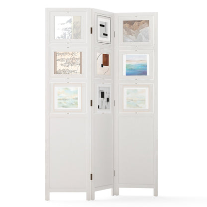 4-Panel Faux Linen Room Divider with Storage Bags Folding Privacy Screen-White