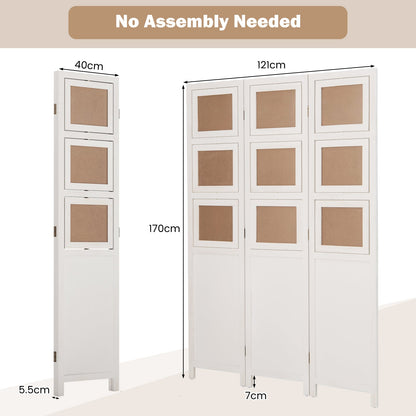4-Panel Faux Linen Room Divider with Storage Bags Folding Privacy Screen-White