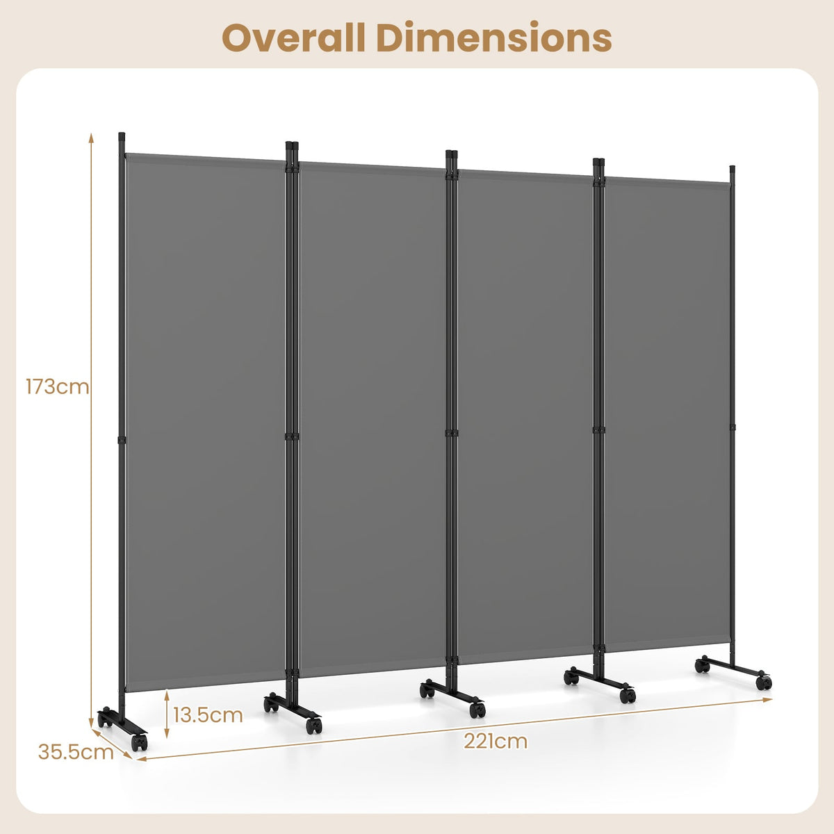 4-Panel Room Divider 173 CM Tall Folding Privacy Screen-Grey