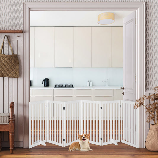 6-Panel 89 cm Pet Barrier Wooden Freestanding Pet Safety Gate-White