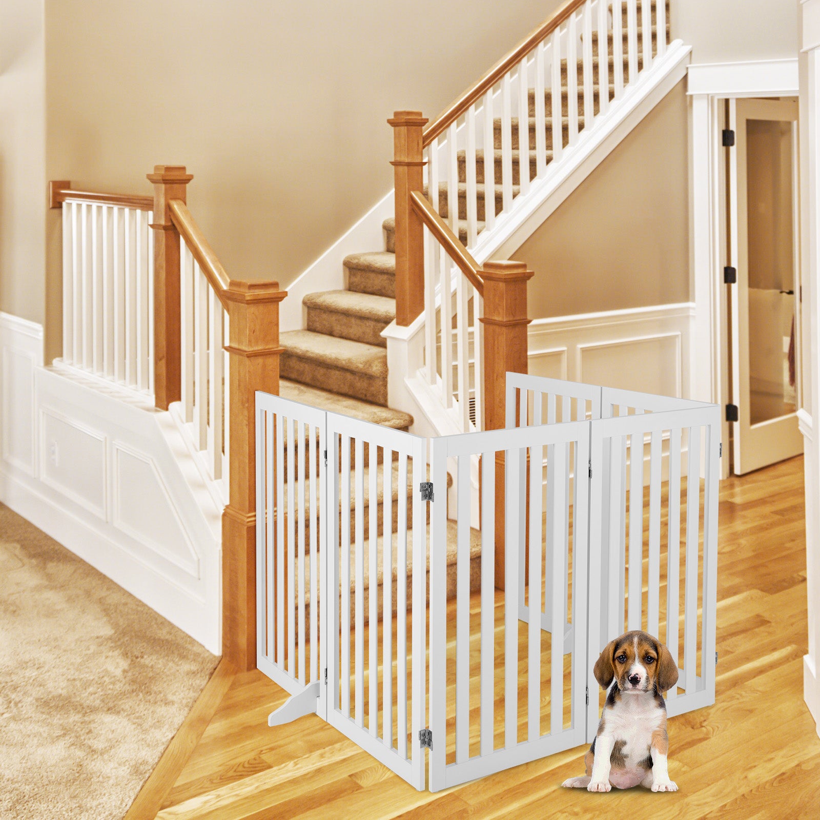 6-Panel 89 cm Pet Barrier Wooden Freestanding Pet Safety Gate-White
