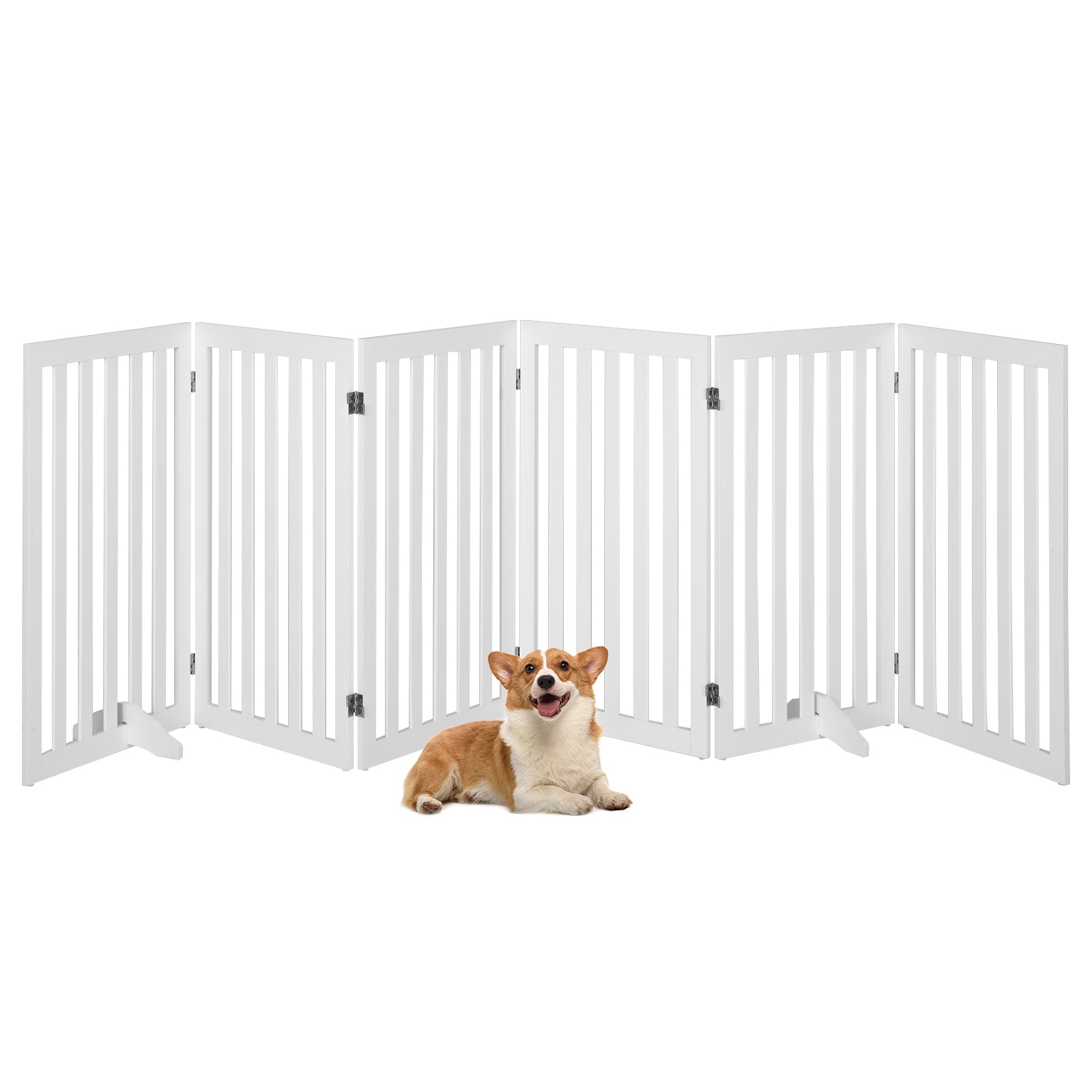 6-Panel 89 cm Pet Barrier Wooden Freestanding Pet Safety Gate-White