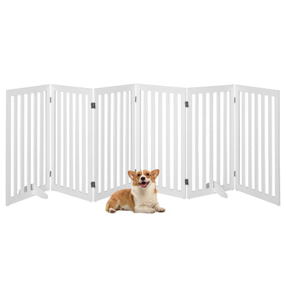 6-Panel 89 cm Pet Barrier Wooden Freestanding Pet Safety Gate-White
