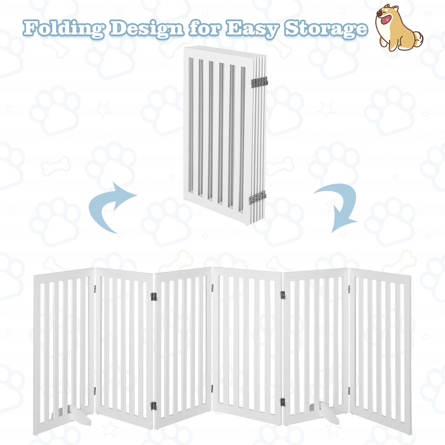 6-Panel 89 cm Pet Barrier Wooden Freestanding Pet Safety Gate-White