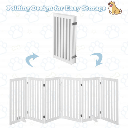 6-Panel 89 cm Pet Barrier Wooden Freestanding Pet Safety Gate-White