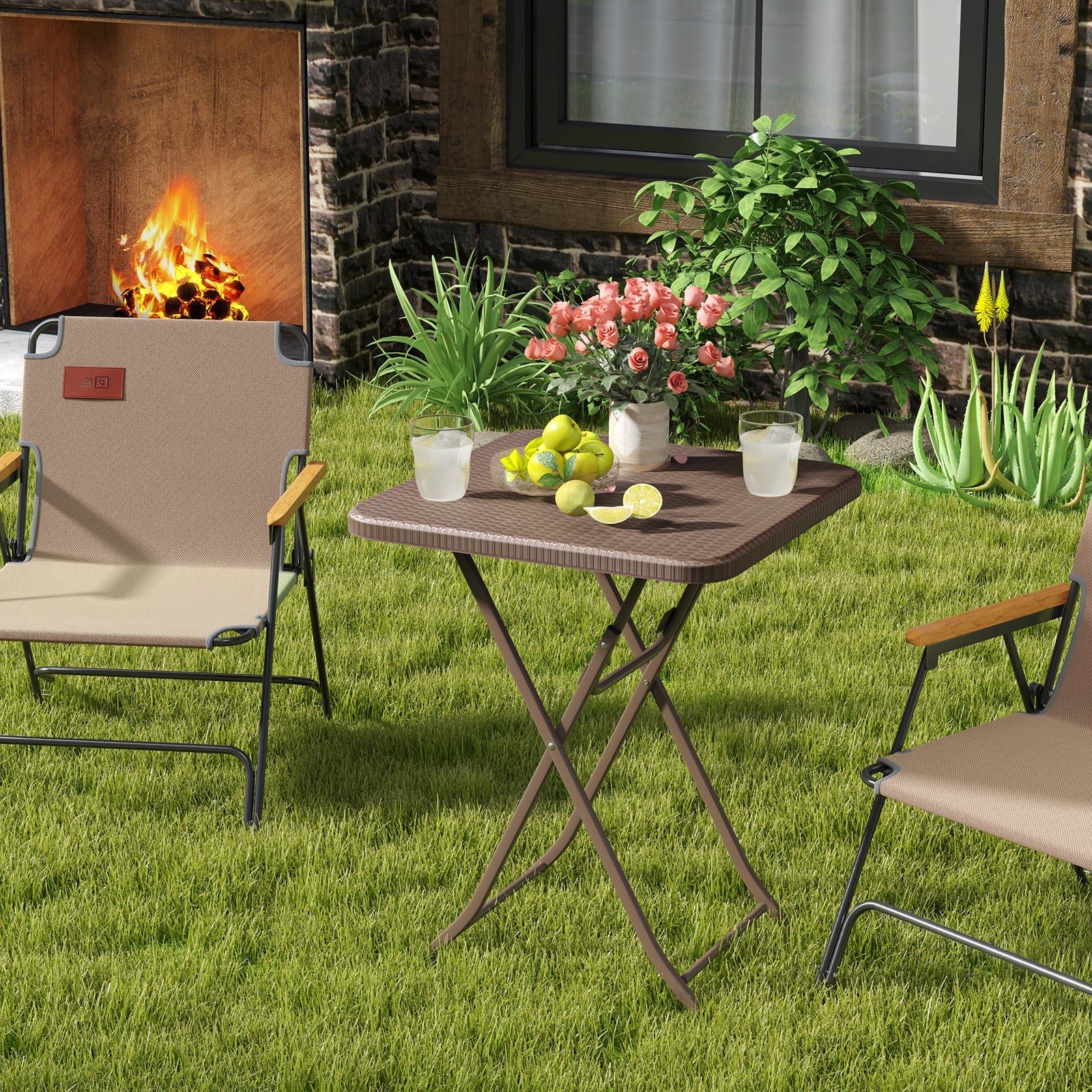 4-Person Rattan Textured Folding Picnic Table Square Patio Dining Table-Rustic Brown
