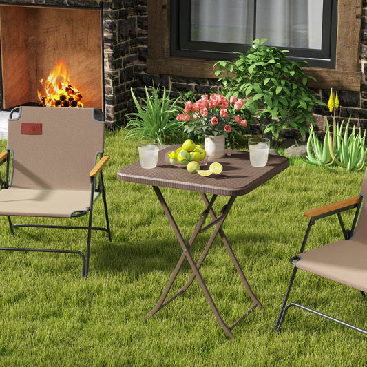 4-Person Rattan Textured Folding Picnic Table Square Patio Dining Table-Rustic Brown