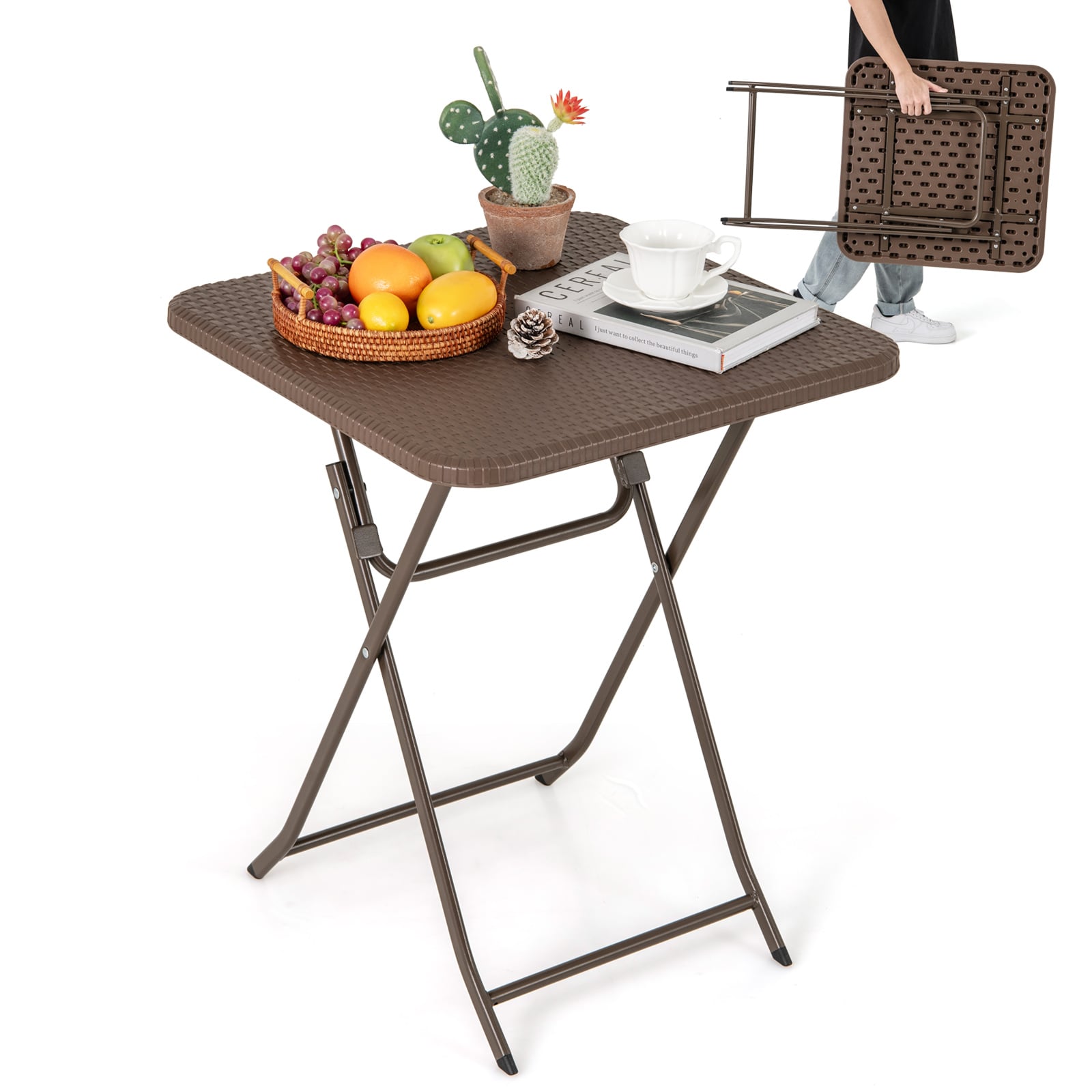 4-Person Rattan Textured Folding Picnic Table Square Patio Dining Table-Rustic Brown
