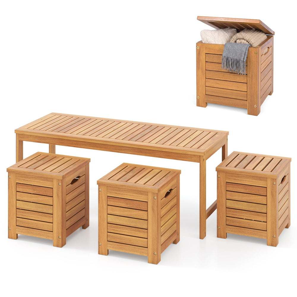 4-Piece Outdoor Bench and Storage Box Set with Lids and Built-in Side Handles
