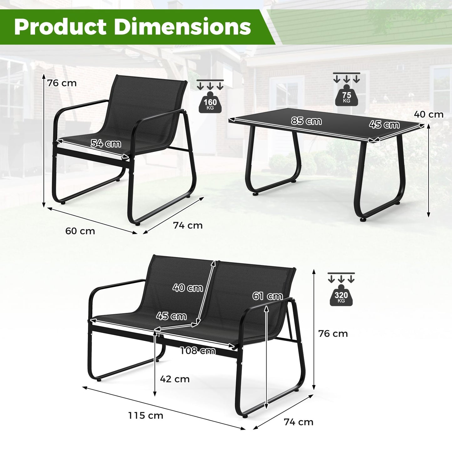 4 Piece Outdoor Furniture Set Patio Metal Conversation Chair Coffee Table