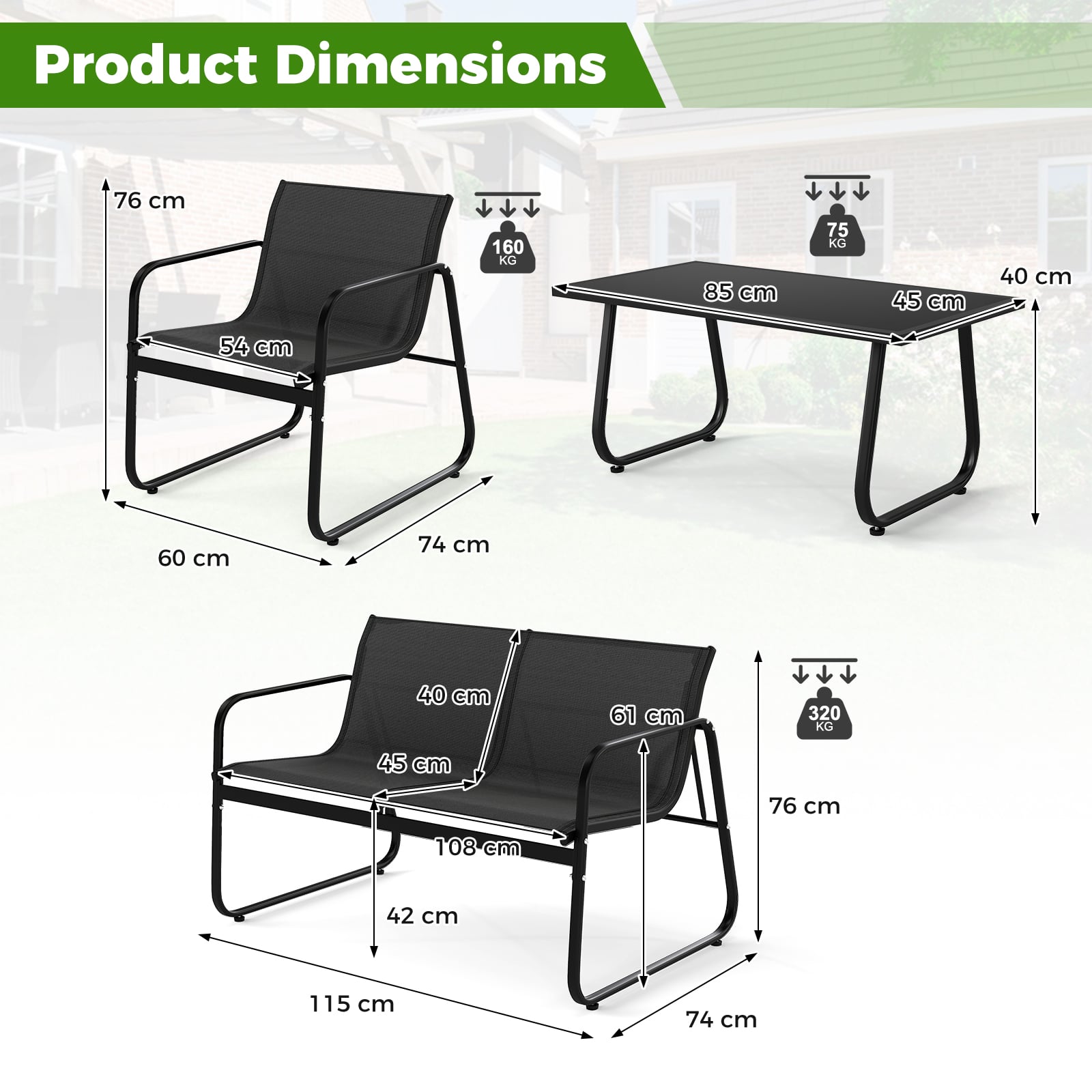 4 Piece Outdoor Furniture Set Patio Metal Conversation Chair Coffee Table