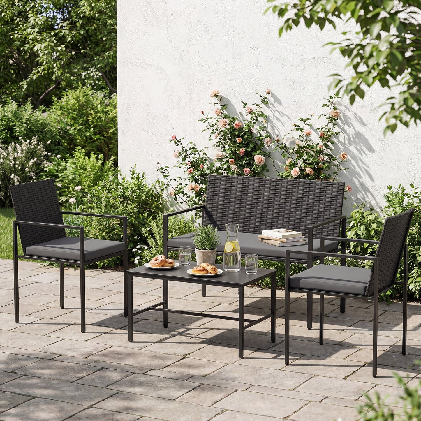 4-Piece Outdoor Rattan Chairs and Loveseat with Tempered Glass Coffee Table for Backyard-Grey